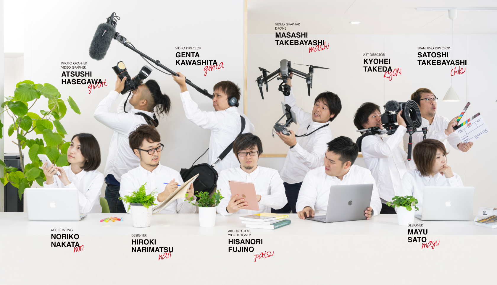 PHOTO GRAPHER VIDEO GRAPHER ATSUSHI HASEGAWA | VIDEO DIRECTOR GENTA KAWASHITA | VIDEO GRAPHAR DRONE MASASHI TAKEBAYASHI | ART DIRECTOR KYOHEI TAKEDA | BRANDING DIRECTOR SATOSHI TAKEBAYASHI | ACCOUNTING NORIKO NAKATA | DESIGNER HIROKI NARIMATSU | ART DIRECTOR WEB DESIGNER HISANORI FUJINO | ASSISTANT DESIGNER KAZUKI KURIBAYASHI | DESIGNER MAYU SATO